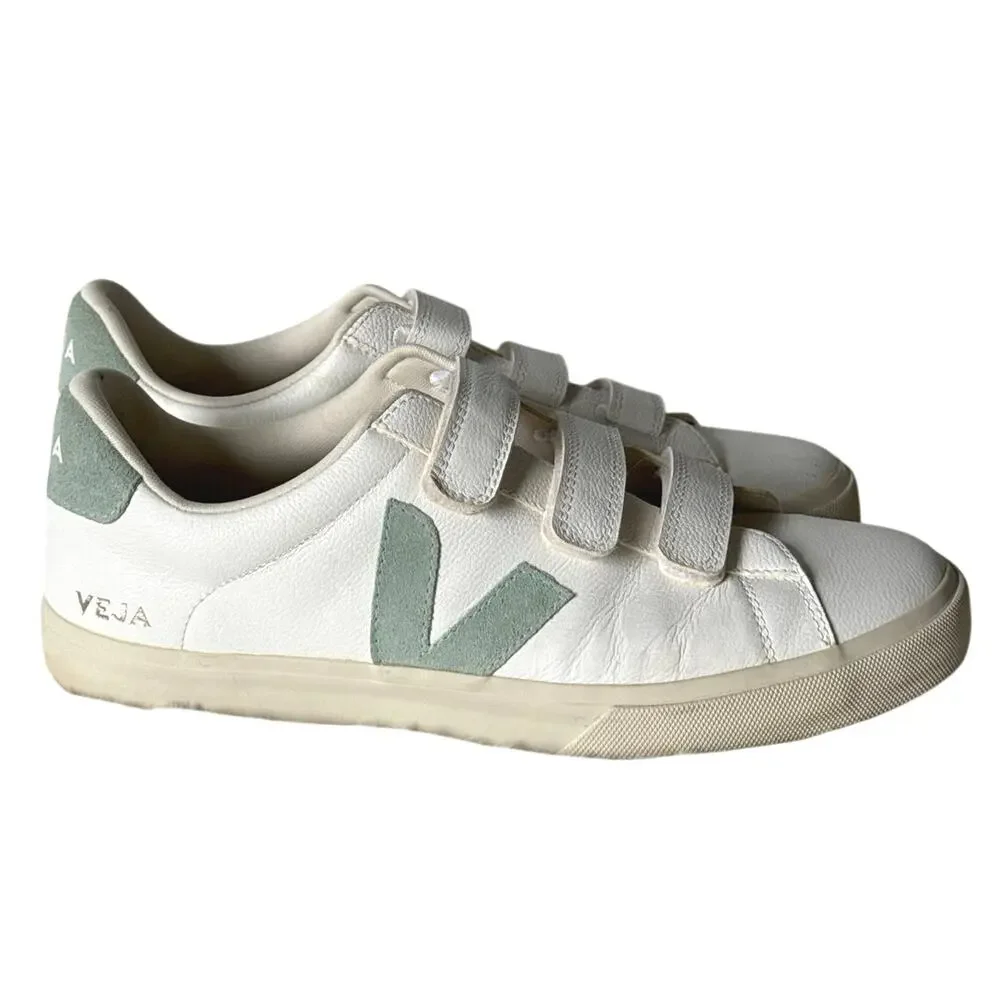 Veja Men’s Recife Leather Velcro Sneakers White Green Hook & Loop Size 12
